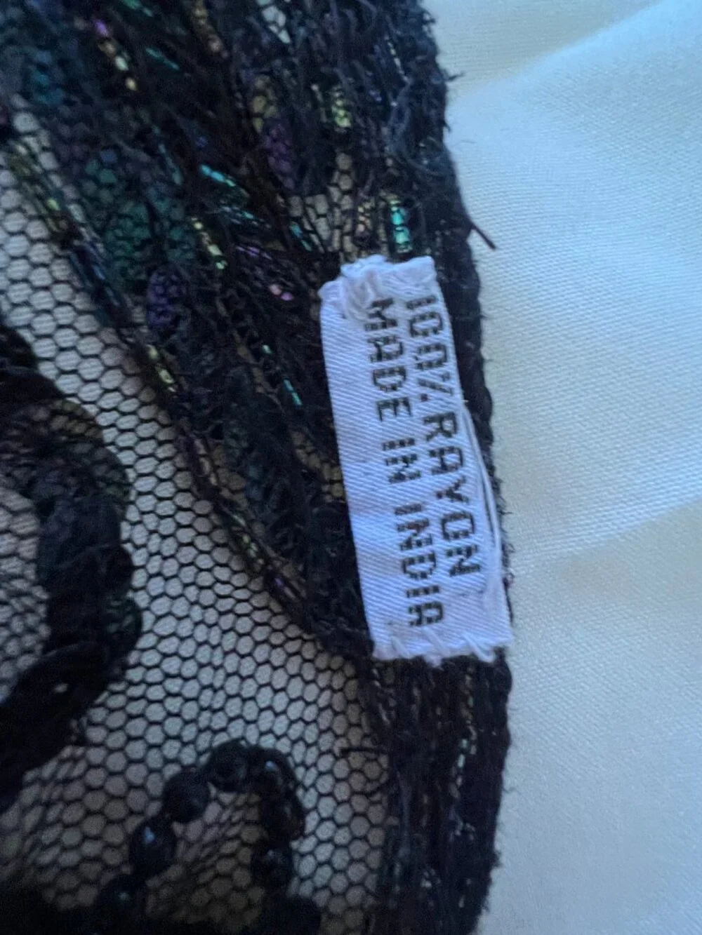 Vintage 80s iridescent Black Blue Beaded Sequin Fringe Capelet Shawl Holographic
